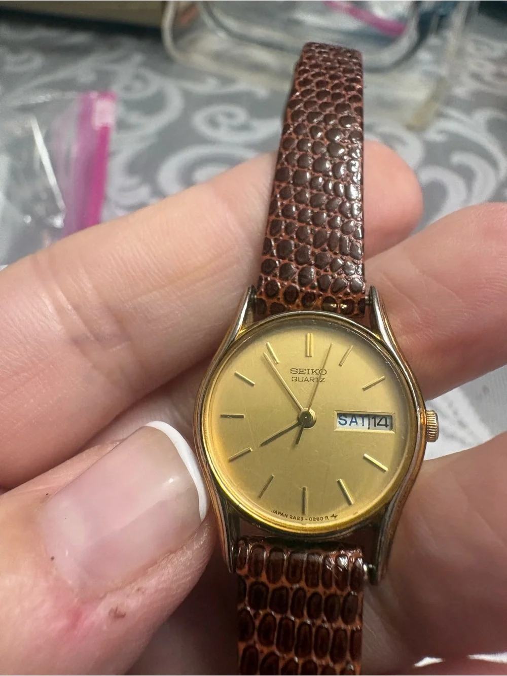 Seiko Gold Dial Quartz Watch with Brown Croc-Pattern Strap 1988